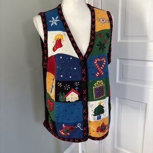 Vintage Basic Editions Sweater Vest Ugly Christmas Large Patchwork Holiday 90s